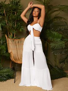 SHEIN SXY Bộ đồ hai mảnh nữ Lộ Lưng Viên lá sen Thắt nơ trước màu trơn Gợi cảm - trắng - Xem 5