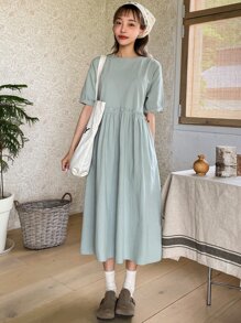 DAZY Puff Sleeve Keyhole Back Frilled Smock Dress Sundress - Mint Green - View 1