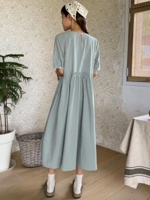 DAZY Puff Sleeve Keyhole Back Frilled Smock Dress Sundress - Mint Green - View 2