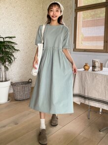DAZY Puff Sleeve Keyhole Back Frilled Smock Dress Sundress - Mint Green - View 3