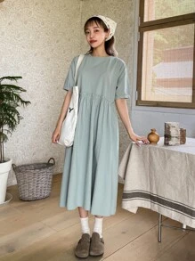 DAZY Puff Sleeve Keyhole Back Frilled Smock Dress Sundress - Mint Green - View 4