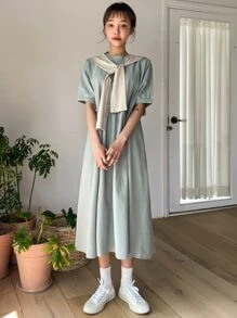 DAZY Puff Sleeve Keyhole Back Frilled Smock Dress Sundress - Mint Green - View 5