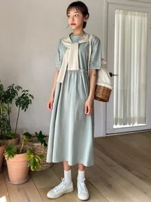 DAZY Puff Sleeve Keyhole Back Frilled Smock Dress Sundress - Mint Green - View 8