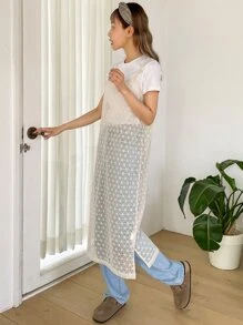 DAZY Slit Hem Sheer Lace Cami Dress Without Liner - Apricot - View 8