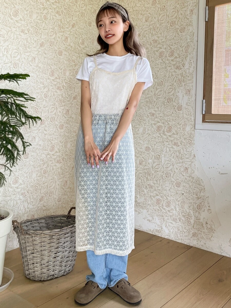 DAZY Slit Hem Sheer Lace Cami Dress Without Liner - Apricot - View 1