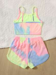 SHEIN VCAY Plus Tie Dye Cami Top & Track Shorts - Multicolor - View 4