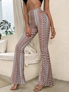 Graphic Print Cut Out Knot Side Flare Leg Pants - Multicolor - View 2
