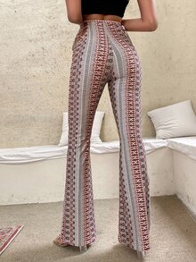 Graphic Print Cut Out Knot Side Flare Leg Pants - Multicolor - View 3