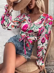 SHEIN VCAY Áo sơ mi nữ Nút Thắt nơ trước Tất cả trên in Boho - Nhiều màu - Xem 1