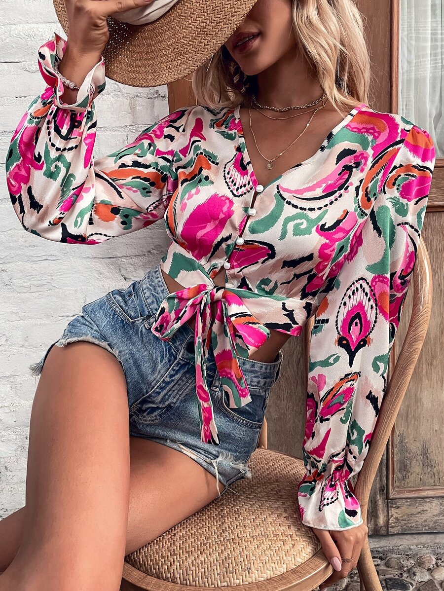 SHEIN VCAY Áo sơ mi nữ Nút Thắt nơ trước Tất cả trên in Boho - Nhiều màu - Xem 1
