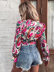 SHEIN VCAY Áo sơ mi nữ Nút Thắt nơ trước Tất cả trên in Boho - Nhiều màu - Xem 2