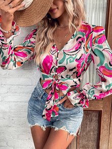 SHEIN VCAY Áo sơ mi nữ Nút Thắt nơ trước Tất cả trên in Boho - Nhiều màu - Xem 3