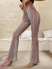Graphic Print Cut Out Knot Side Flare Leg Pants - Multicolor - View 6