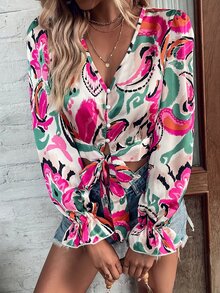 SHEIN VCAY Áo sơ mi nữ Nút Thắt nơ trước Tất cả trên in Boho - Nhiều màu - Xem 5