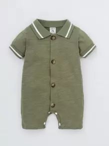 SHEIN 男婴童拼接邊前紐扣連身短褲 - 軍綠色 - 查看 1