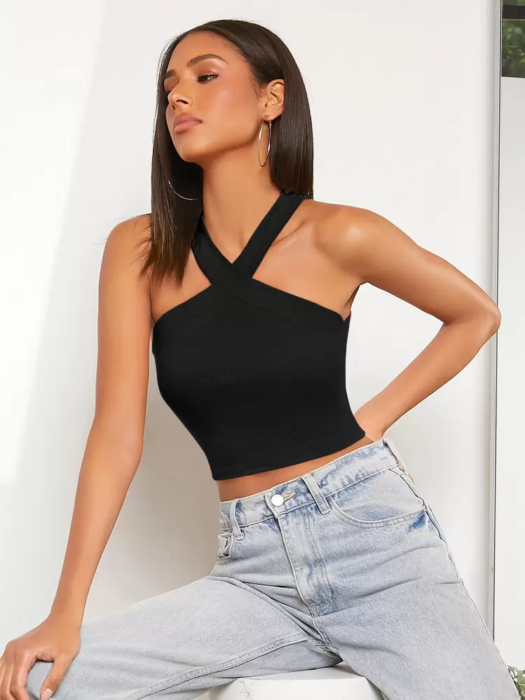 SHEIN EZwear Rib Knit Halter Crop Top, Going Out Top | SHEIN USA