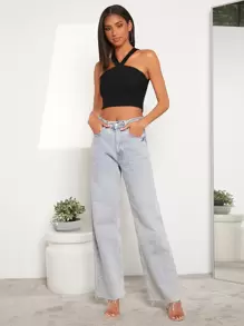 SHEIN EZwear Áo crop top đan dây sườn, đi chơi - màu đen - Xem 4