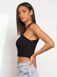 SHEIN EZwear Áo crop top đan dây sườn, đi chơi - màu đen - Xem 5