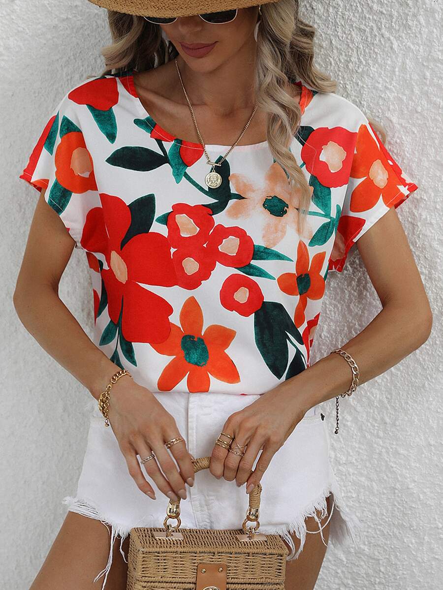 Floral Print Batwing Sleeve Blouse - Multicolor - View 1