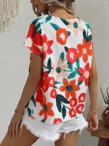 Floral Print Batwing Sleeve Blouse - Multicolor - View 2