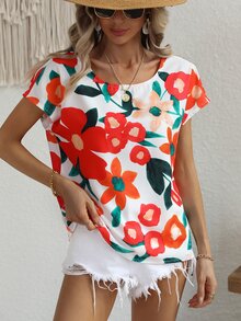 Floral Print Batwing Sleeve Blouse - Multicolor - View 3
