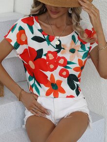 Floral Print Batwing Sleeve Blouse - Multicolor - View 5
