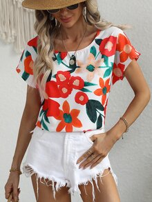 Floral Print Batwing Sleeve Blouse - Multicolor - View 6