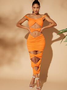 挖肩鏤空緊身連衣裙 - 橘色 - 查看 1