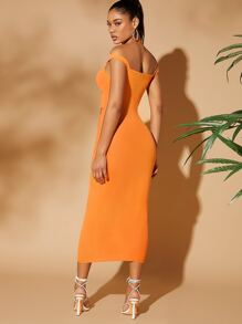 挖肩鏤空緊身連衣裙 - 橘色 - 查看 2