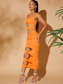 挖肩鏤空緊身連衣裙 - 橘色 - 查看 3