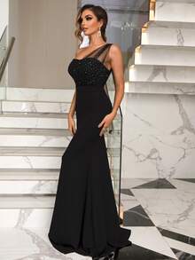 Joyfunear Asymmetrical Neck Contrast Mesh Rhinestone Formal Dress Black Elegant Prom Evening Wedding Guest Gown, For Graduation, Dinner Party Dress Spring - Black - View 4