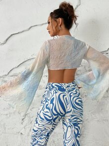 Tie Dye Knot Front Trumpet Sleeve Lettuce Trim Top