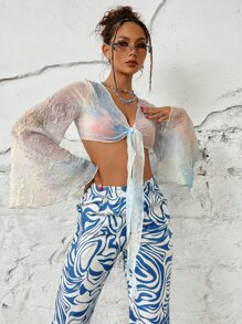 Tie Dye Knot Front Trumpet Sleeve Lettuce Trim Top