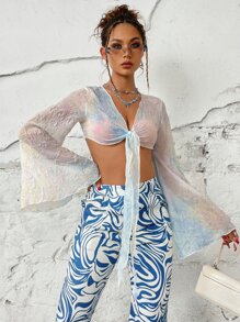 Tie Dye Knot Front Trumpet Sleeve Lettuce Trim Top
