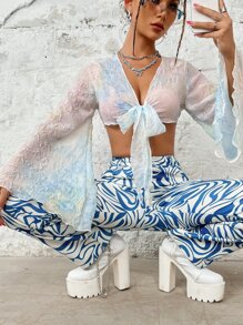 Tie Dye Knot Front Trumpet Sleeve Lettuce Trim Top