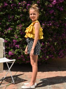 SHEIN Girls Layered Ruffle Trim Tank Top & Ditsy Floral Shorts - Multicolor - View 4