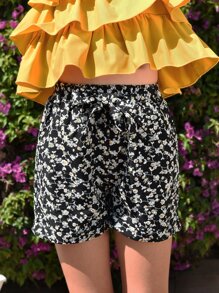 SHEIN Girls Layered Ruffle Trim Tank Top & Ditsy Floral Shorts - Multicolor - View 6