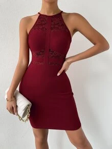 Zolique Contrast Lace Bandage Bodycon Dress - Maroon - View 3