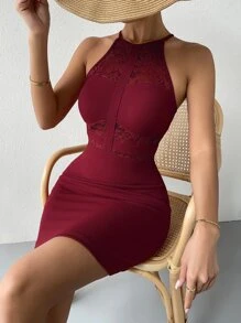 Zolique Contrast Lace Bandage Bodycon Dress - Maroon - View 5