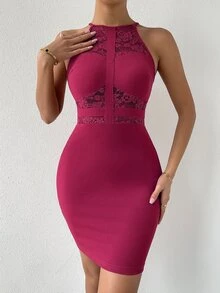 Vestido ajustado de vendaje con encaje en contraste - Rosa Roja - Ver 4