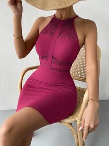 Vestido ajustado de vendaje con encaje en contraste - Rosa Roja - Ver 5