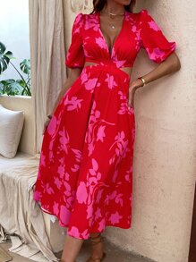 Breezaya 印花泡泡袖鏤空後綁帶洋裝 - 紅色 - 查看 1