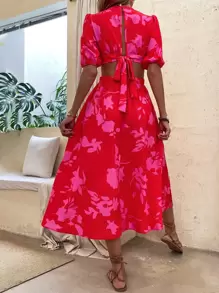 Breezaya 印花泡泡袖鏤空後綁帶洋裝 - 紅色 - 查看 2