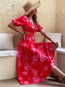 Breezaya 印花泡泡袖鏤空後綁帶洋裝 - 紅色 - 查看 3