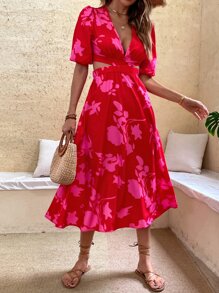 Breezaya 印花泡泡袖鏤空後綁帶洋裝 - 紅色 - 查看 4