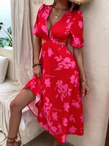 Breezaya 印花泡泡袖鏤空後綁帶洋裝 - 紅色 - 查看 5