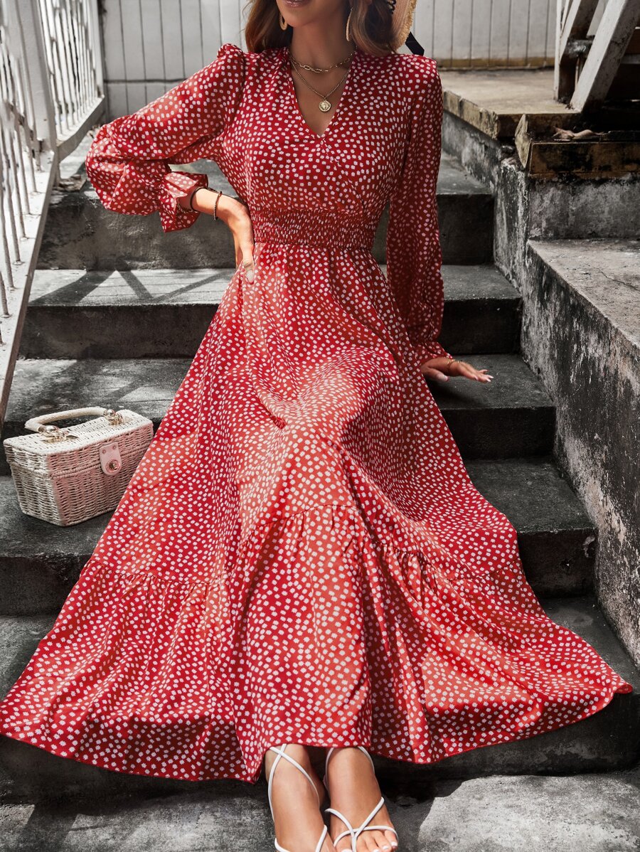 Breezaya Đầm Maxi In Hoa Tay Phồng Xếp Ly Cho Năm Mới Quần Áo Nữ - Đỏ - Xem 1