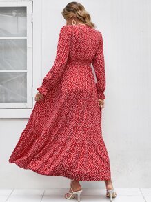 Breezaya Đầm Maxi In Hoa Tay Phồng Xếp Ly Cho Năm Mới Quần Áo Nữ - Đỏ - Xem 2