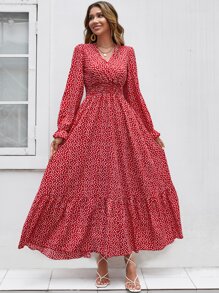 Breezaya Đầm Maxi In Hoa Tay Phồng Xếp Ly Cho Năm Mới Quần Áo Nữ - Đỏ - Xem 3