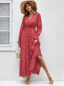 Breezaya Đầm Maxi In Hoa Tay Phồng Xếp Ly Cho Năm Mới Quần Áo Nữ - Đỏ - Xem 4